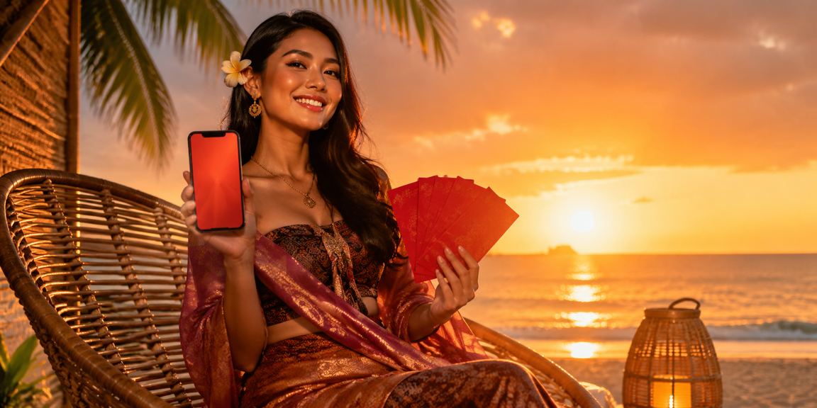 Amplop merah bonus di tepi pantai sebagai simbol keberuntungan dan hadiah