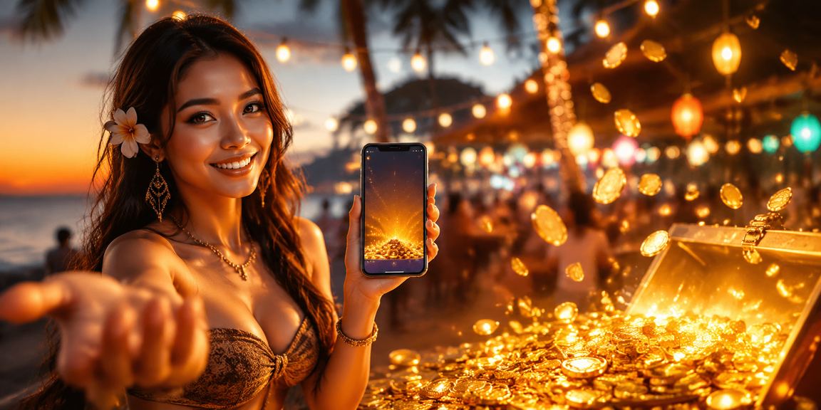 Pengguna mengakses kasino mobile di tepi pantai menggunakan smartphone