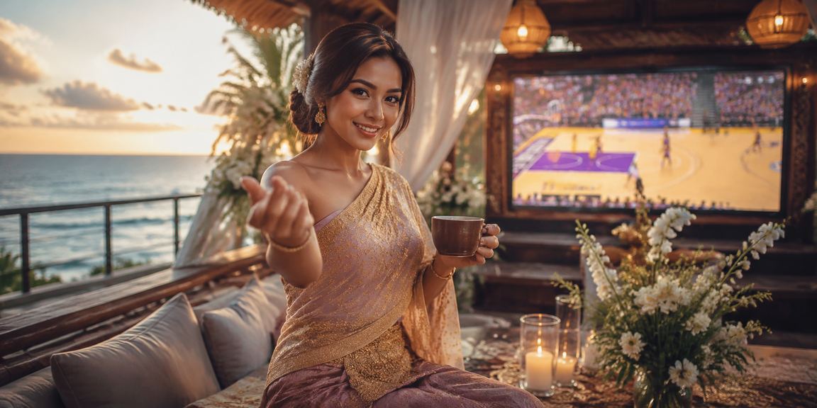 Pengguna Vietnam menikmati taruhan basket sambil minum kopi di kafe